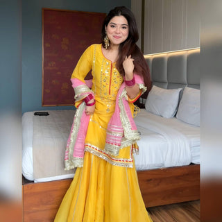 Yellow Designer Chinon Silk Sharara Suit with Heavy Sequins & Zari Embroidery, Dupatta ClothsVilla