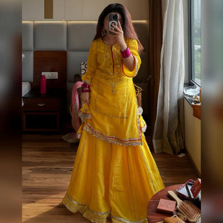 Yellow Designer Chinon Silk Sharara Suit with Heavy Sequins & Zari Embroidery, Dupatta ClothsVilla