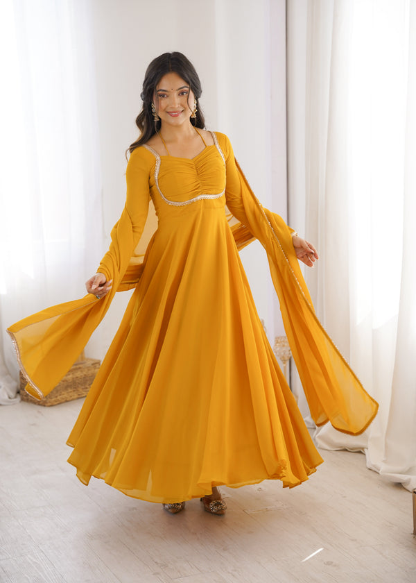 Yellow Designer Dori Neck Kurti Set ClothsVilla