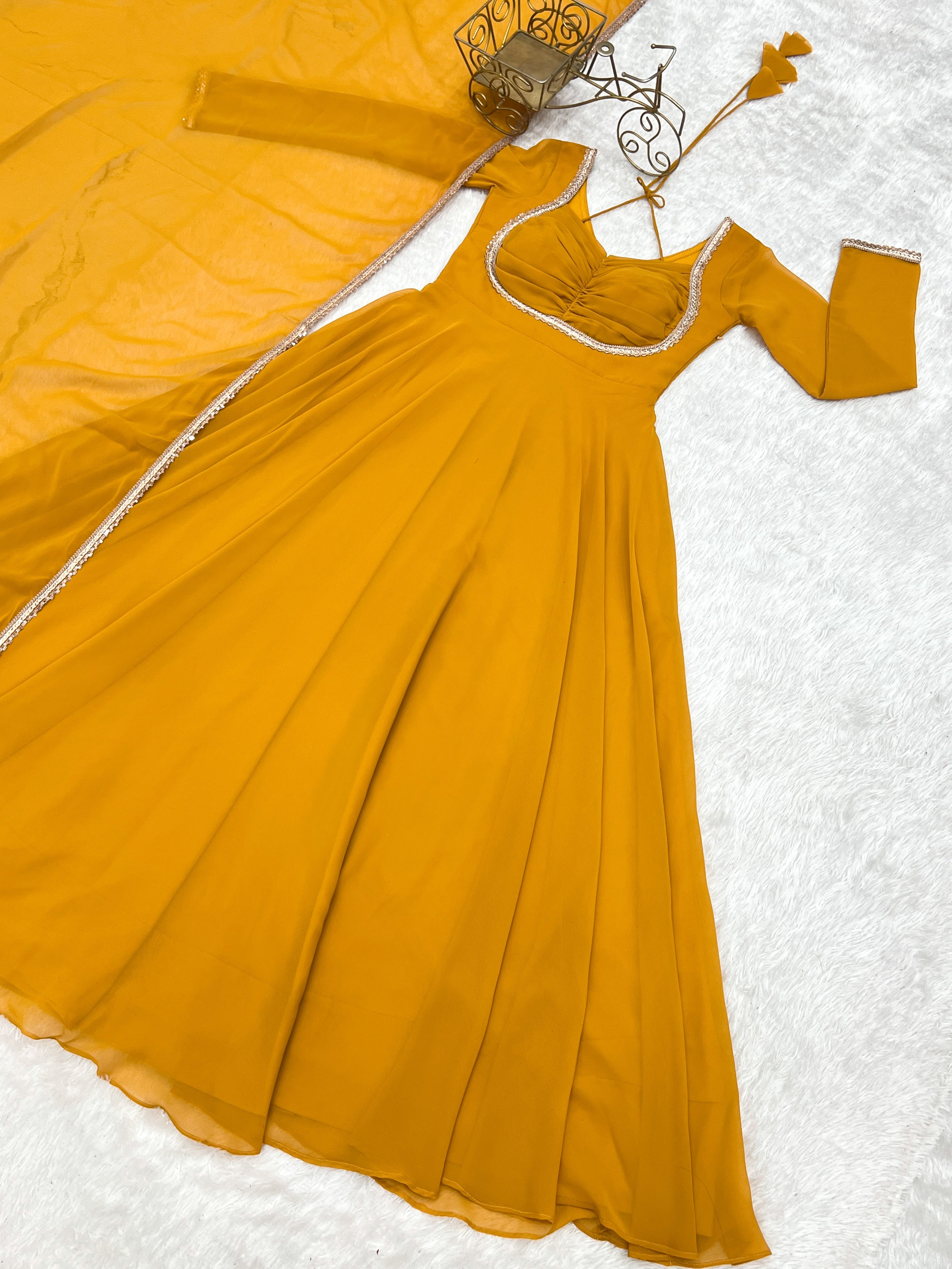 Yellow Designer Dori Neck Kurti Set ClothsVilla