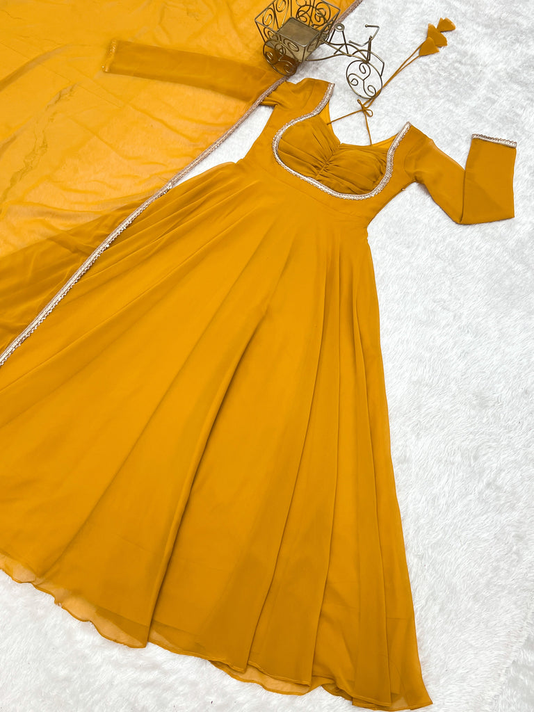 Yellow Designer Dori Neck Kurti Set ClothsVilla