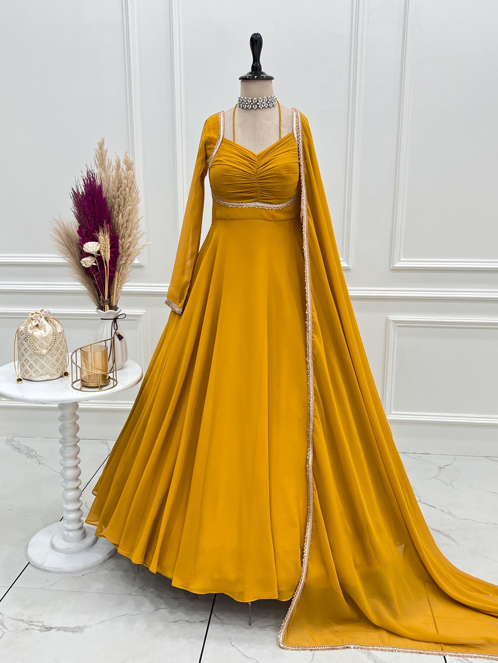 Yellow Designer Dori Neck Kurti Set ClothsVilla
