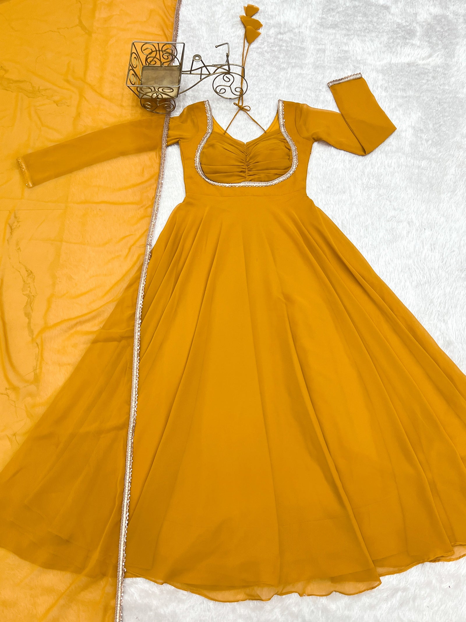 Yellow Designer Dori Neck Kurti Set ClothsVilla