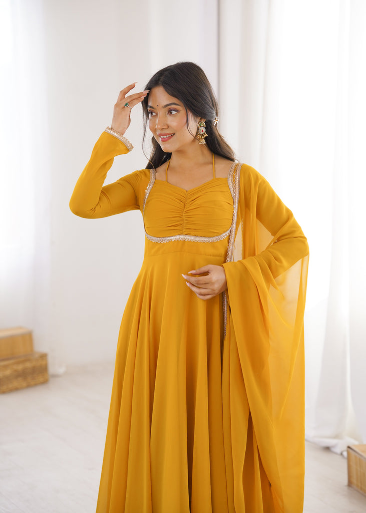 Yellow Designer Dori Neck Kurti Set ClothsVilla