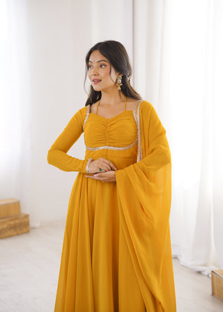 Yellow Designer Dori Neck Kurti Set ClothsVilla