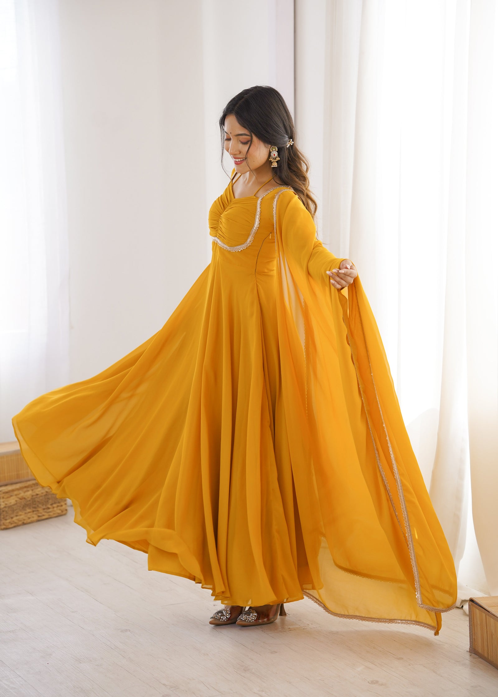 Yellow Designer Dori Neck Kurti Set ClothsVilla