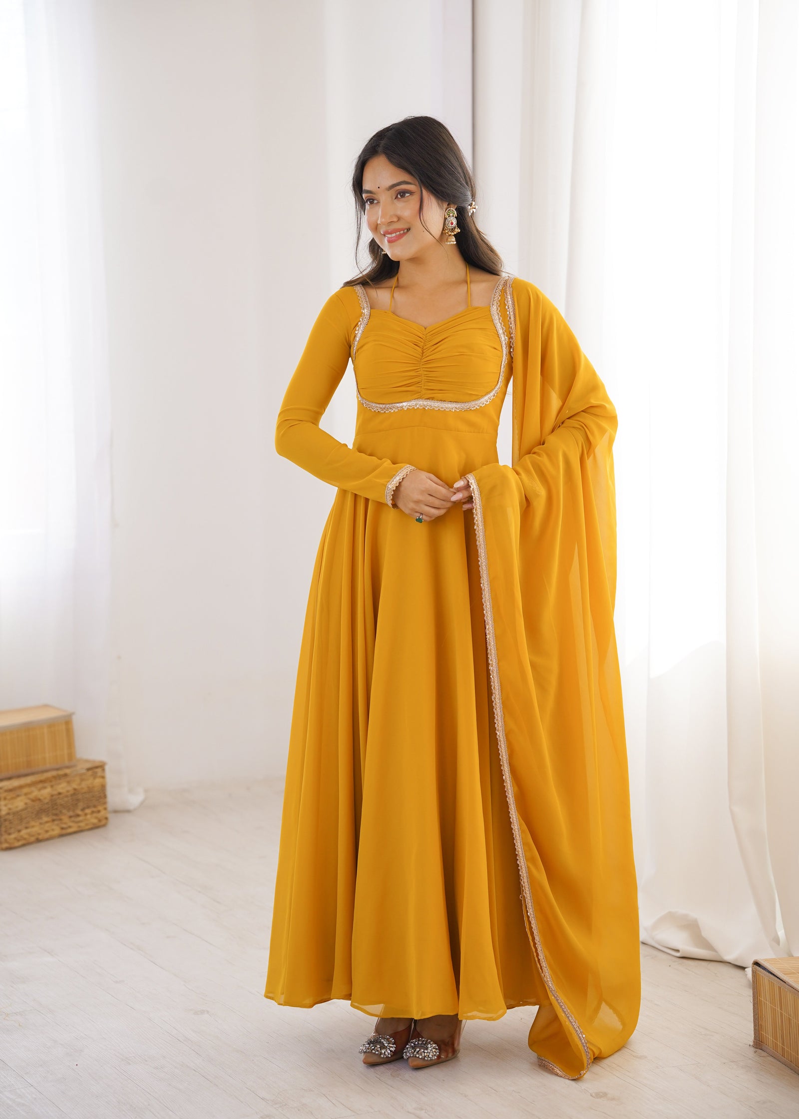 Yellow Designer Dori Neck Kurti Set ClothsVilla