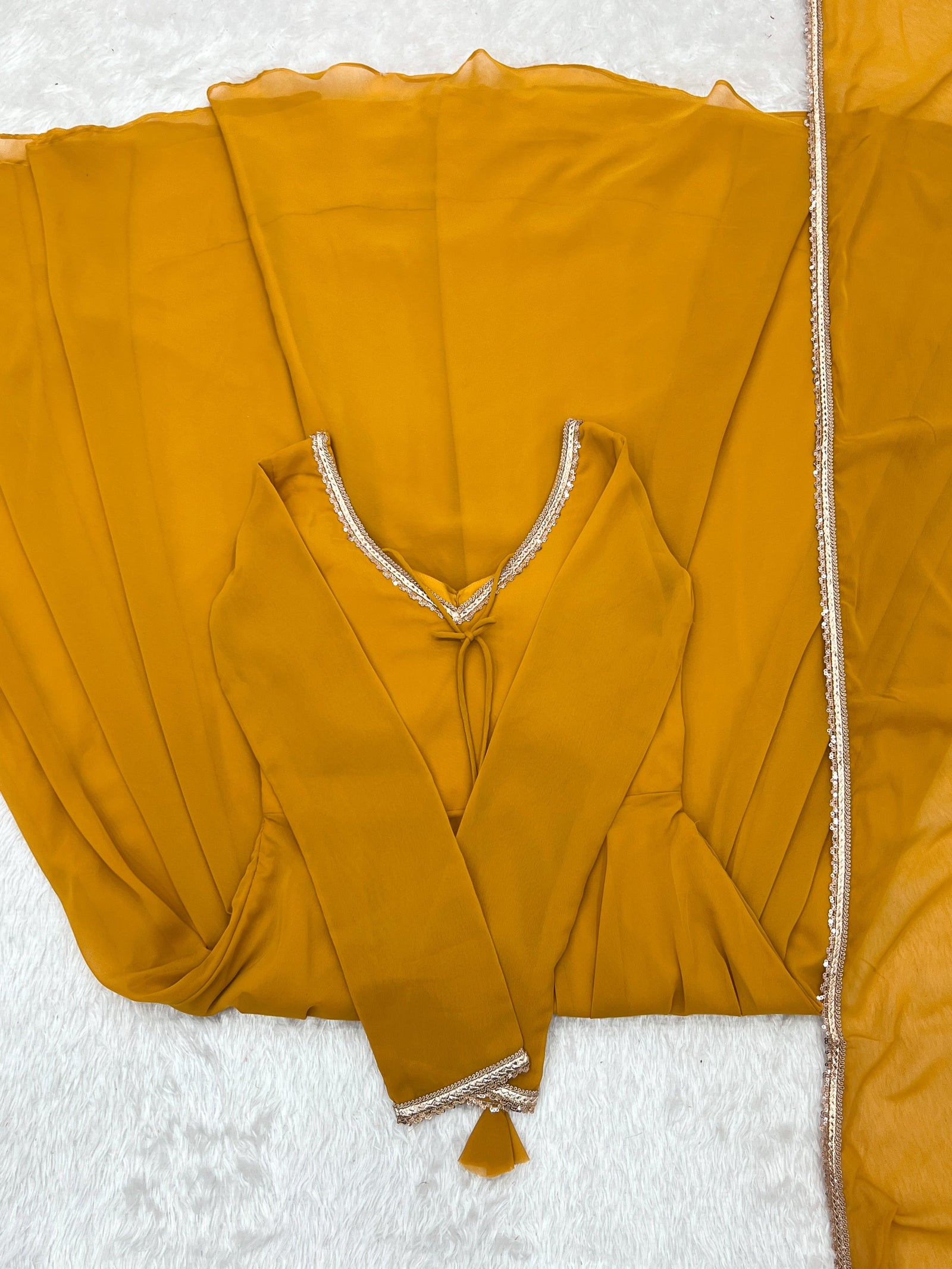 Yellow Designer Dori Neck Kurti Set ClothsVilla