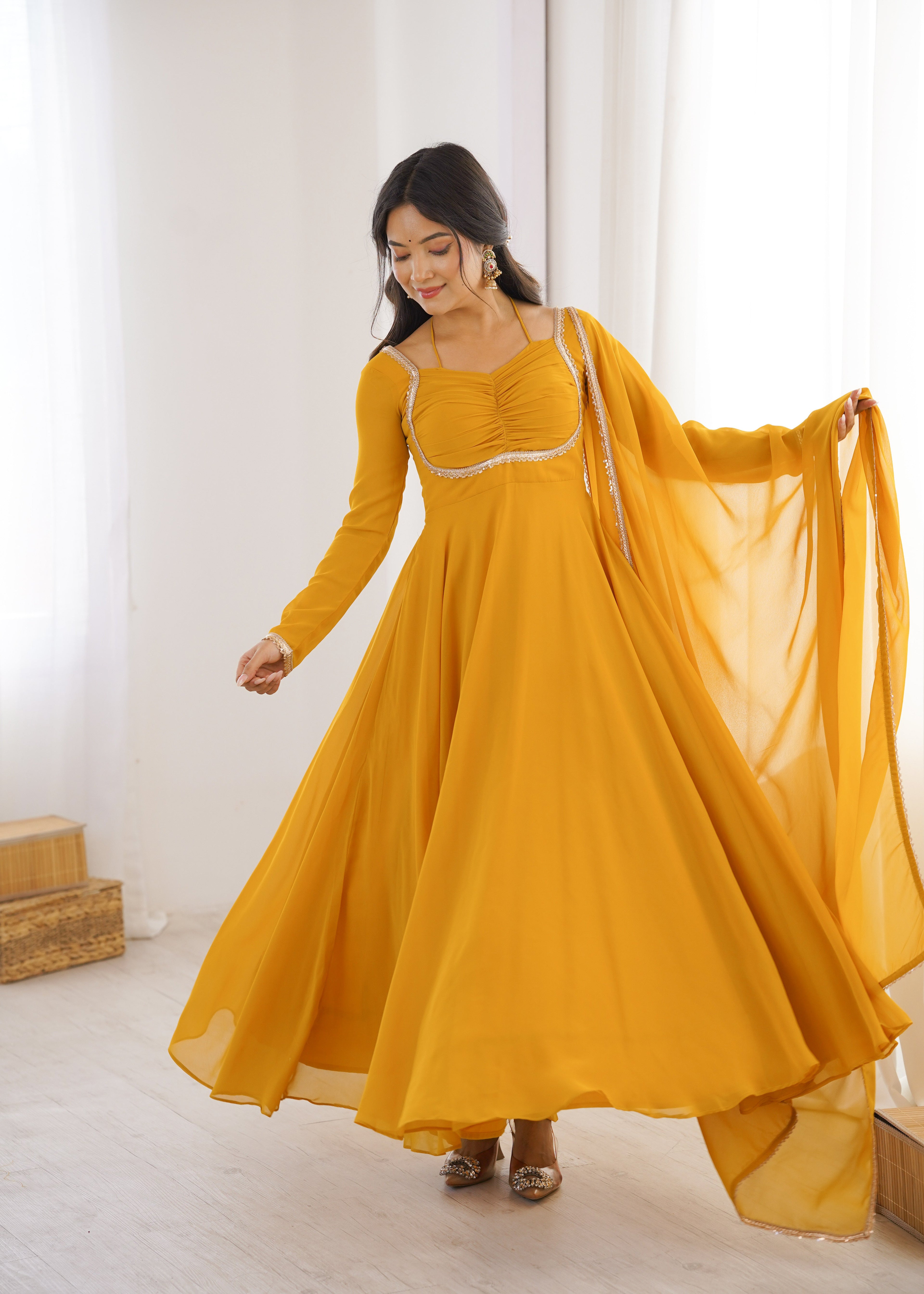 Yellow Designer Dori Neck Kurti Set ClothsVilla