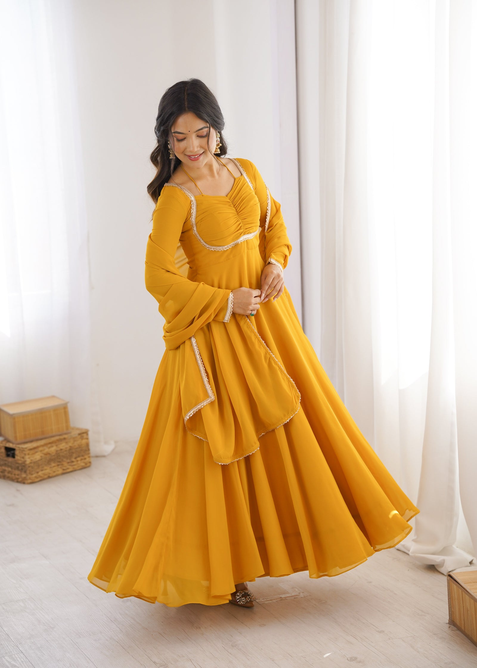 Yellow Designer Dori Neck Kurti Set ClothsVilla