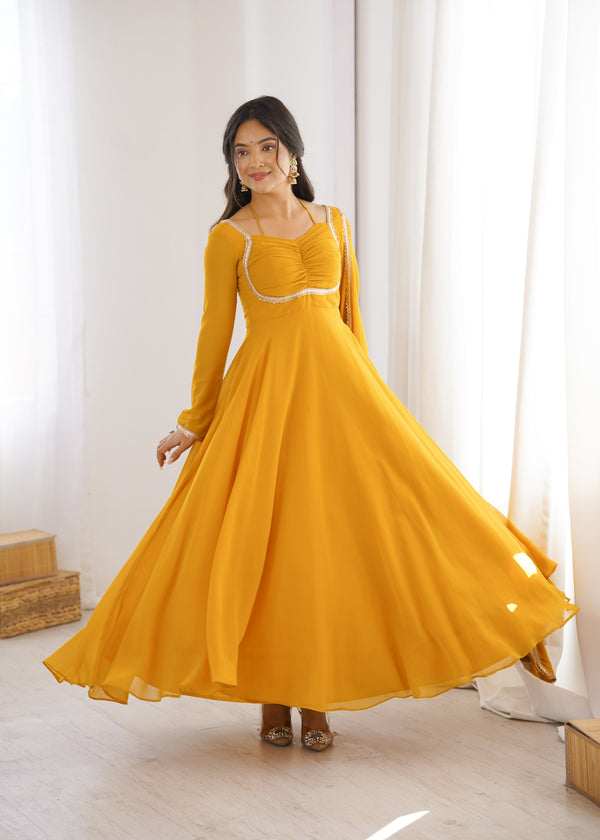 Yellow Designer Dori Neck Kurti Set ClothsVilla