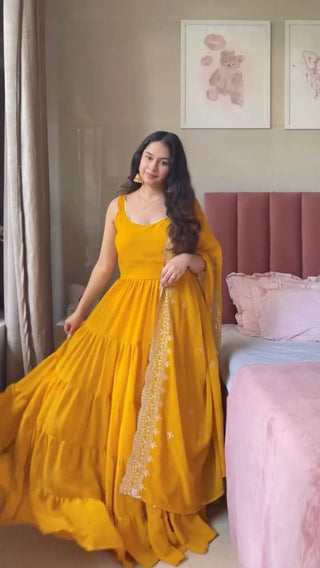 Yellow Designer Faux Georgette Anarkali Suit with Full Flair & Lace Border Dupatta –Stitched ClothsVilla