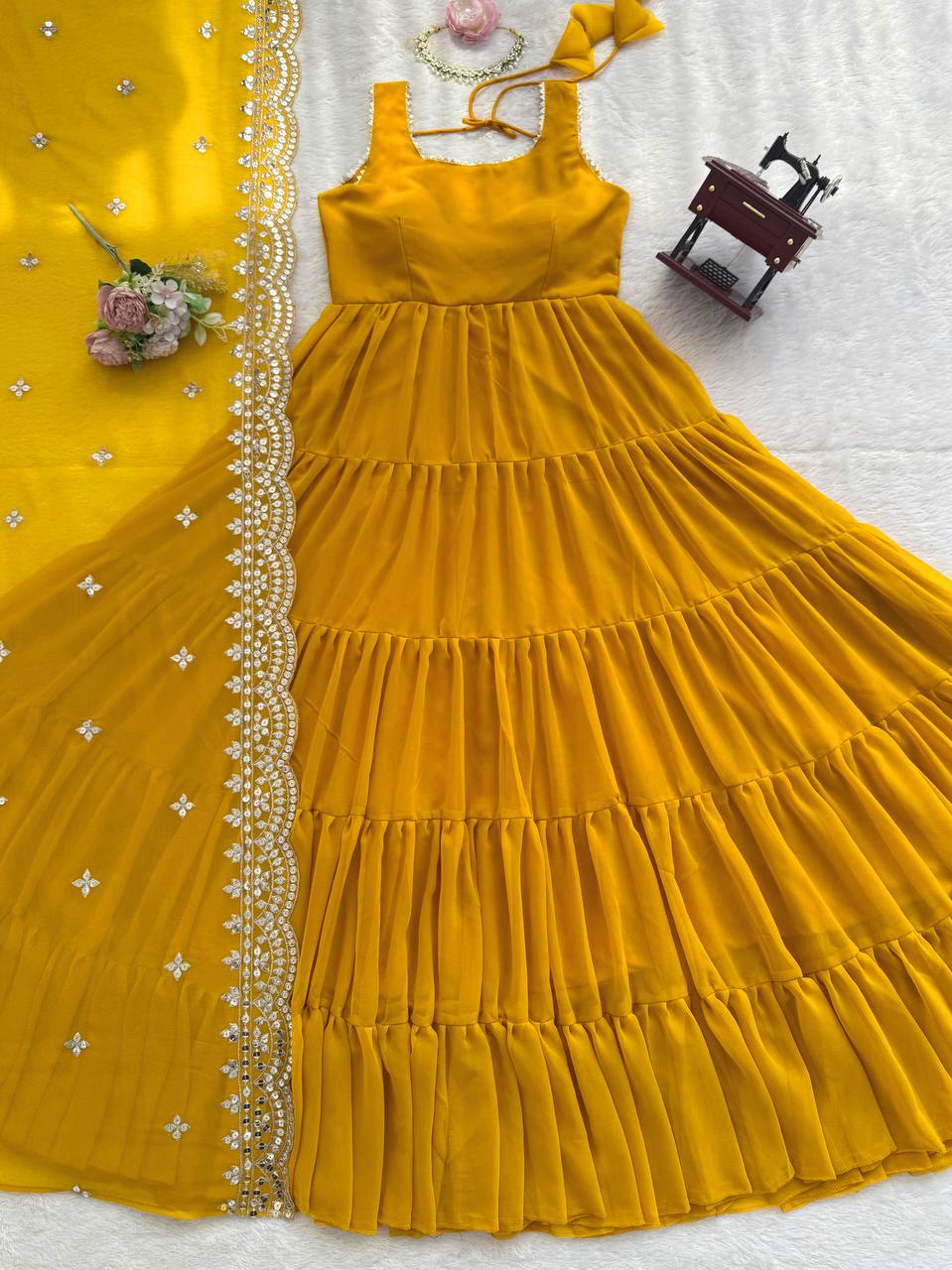 Yellow Designer Faux Georgette Anarkali Suit with Full Flair & Lace Border Dupatta –Stitched ClothsVilla
