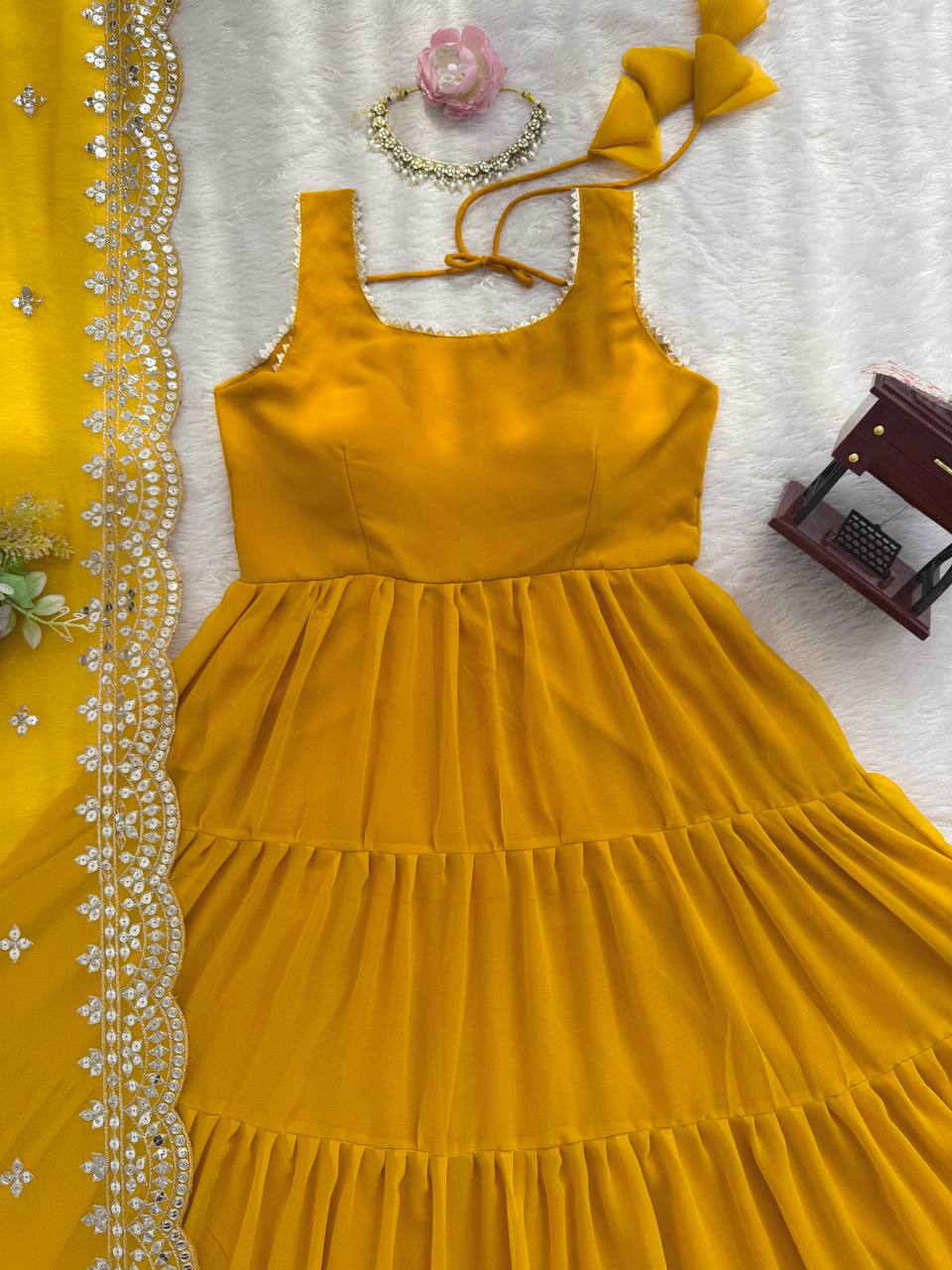 Yellow Designer Faux Georgette Anarkali Suit with Full Flair & Lace Border Dupatta –Stitched ClothsVilla