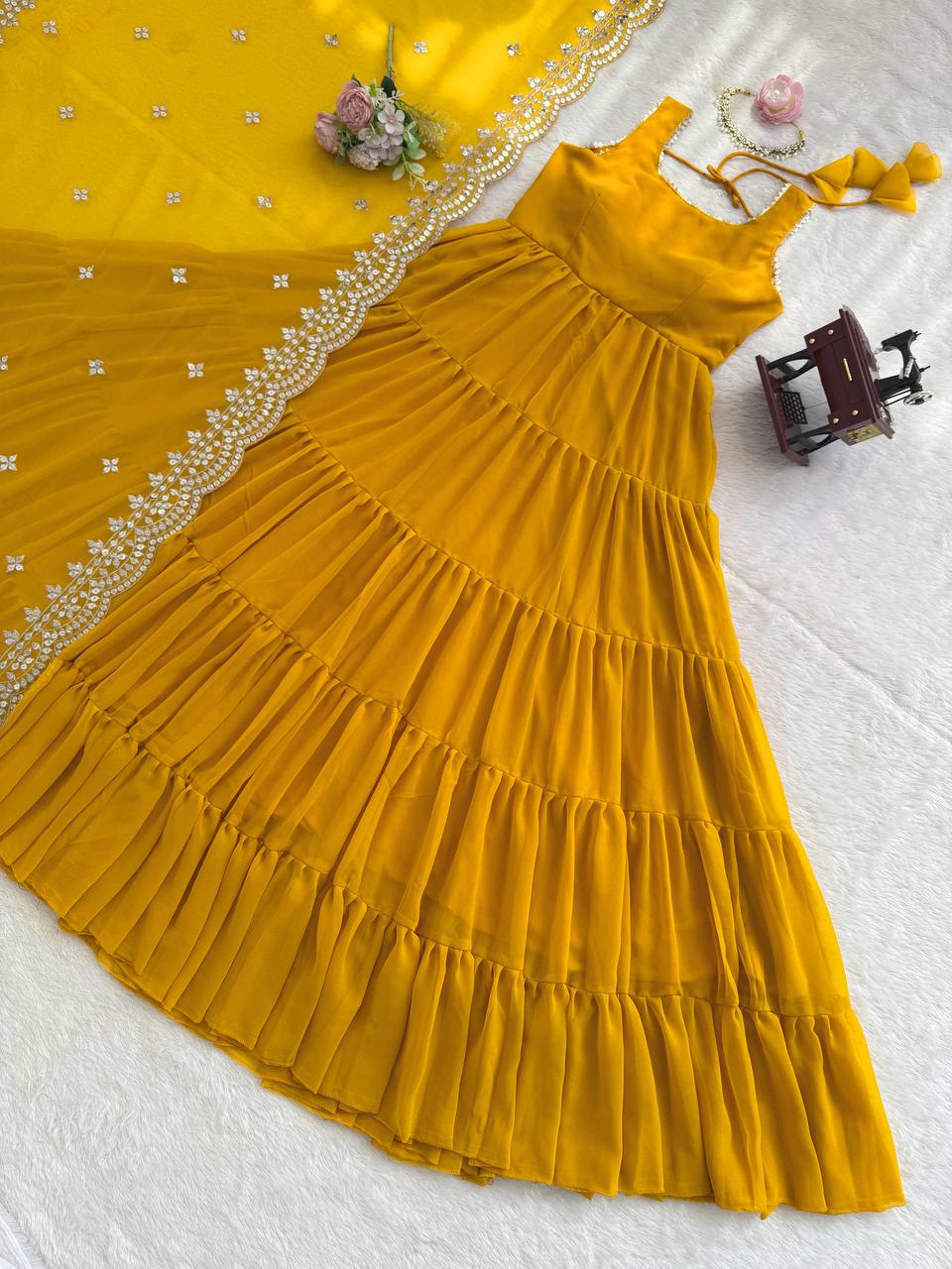 Yellow Designer Faux Georgette Anarkali Suit with Full Flair & Lace Border Dupatta –Stitched ClothsVilla