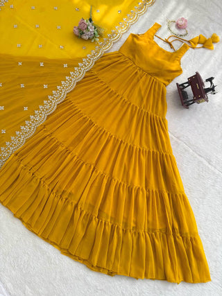 Yellow Designer Faux Georgette Anarkali Suit with Full Flair & Lace Border Dupatta –Stitched ClothsVilla