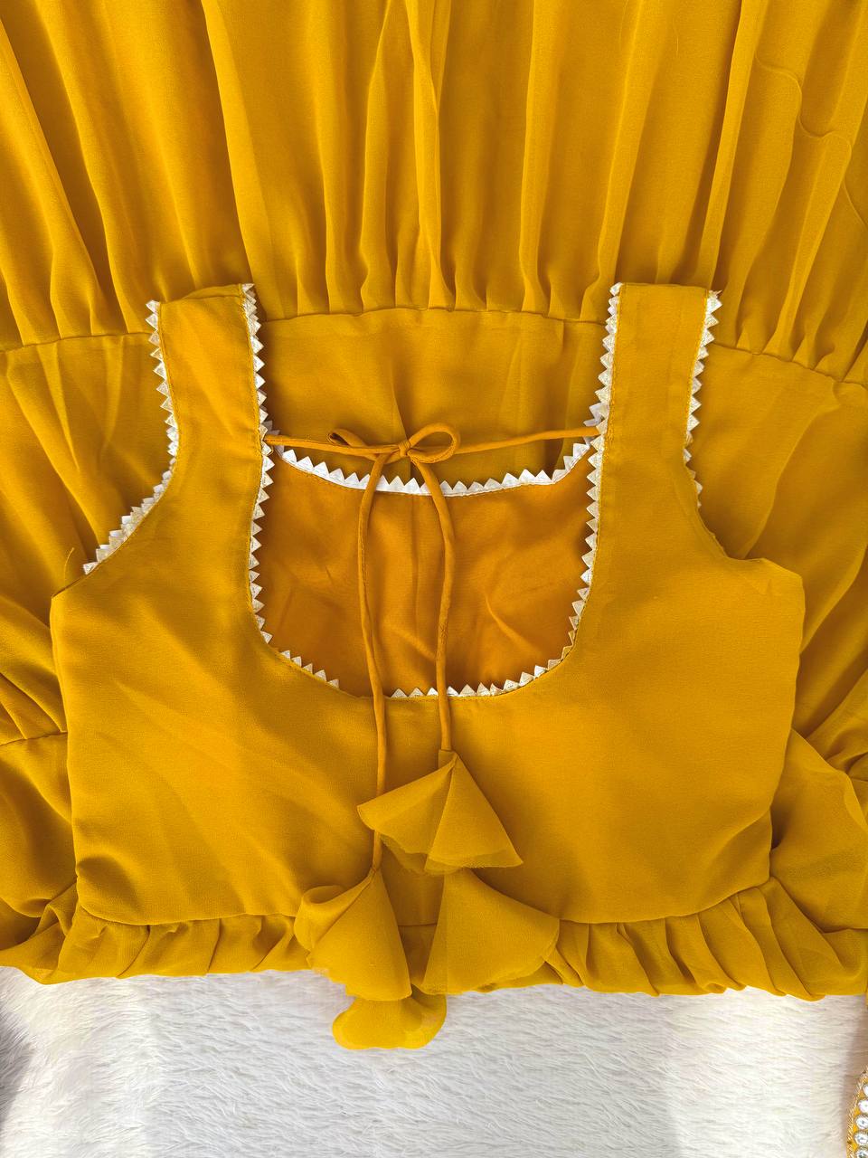 Yellow Designer Faux Georgette Anarkali Suit with Full Flair & Lace Border Dupatta –Stitched ClothsVilla
