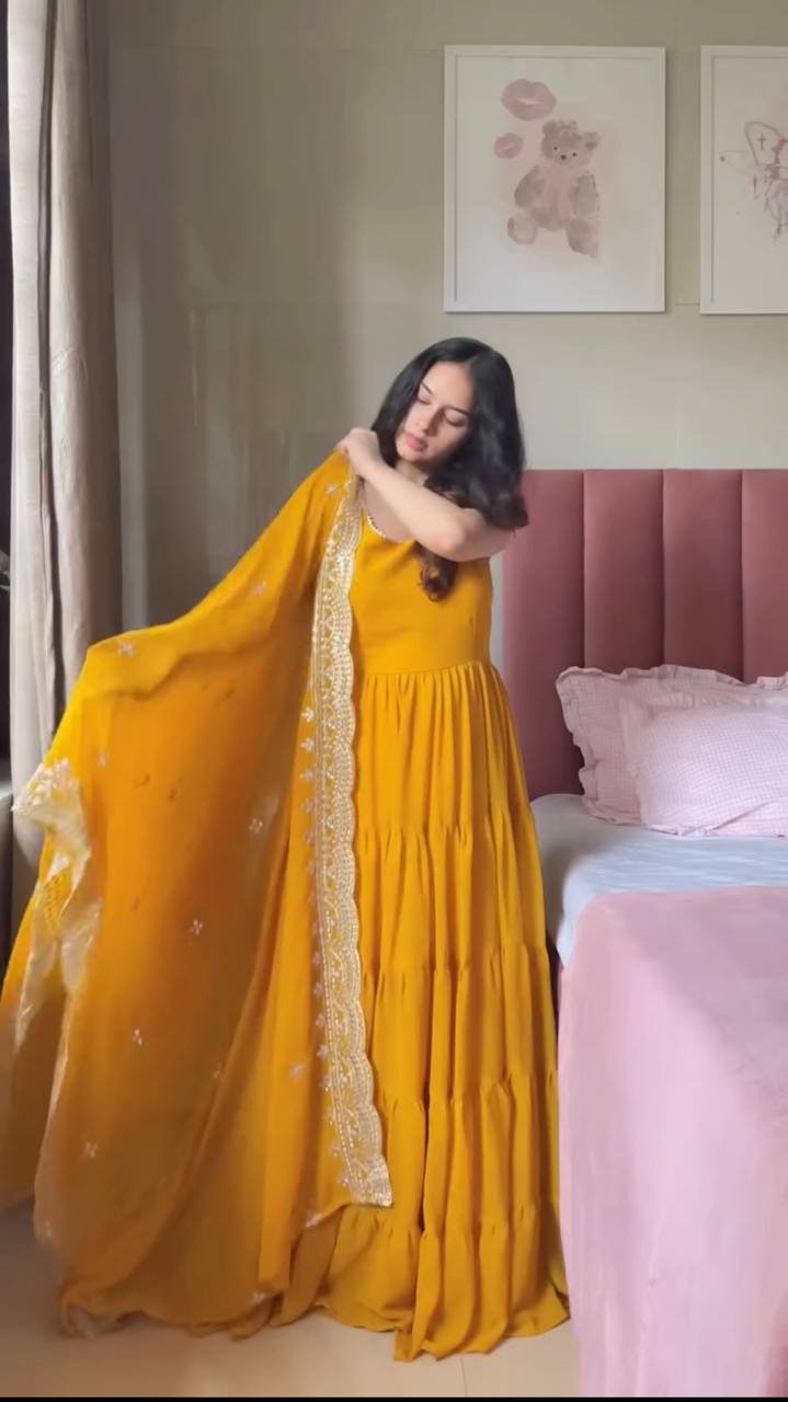 Yellow Designer Faux Georgette Anarkali Suit with Full Flair & Lace Border Dupatta –Stitched ClothsVilla