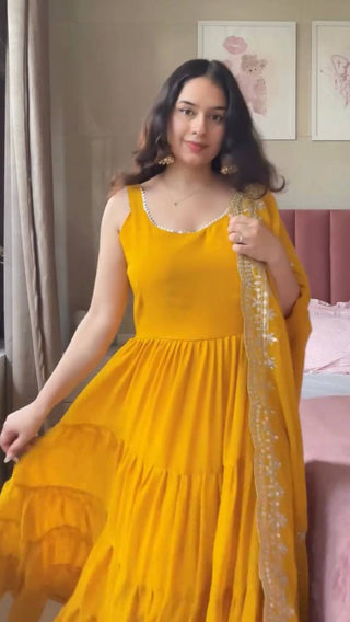 Yellow Designer Faux Georgette Anarkali Suit with Full Flair & Lace Border Dupatta –Stitched ClothsVilla