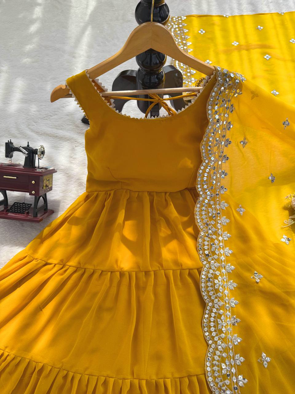 Yellow Designer Faux Georgette Anarkali Suit with Full Flair & Lace Border Dupatta –Stitched ClothsVilla