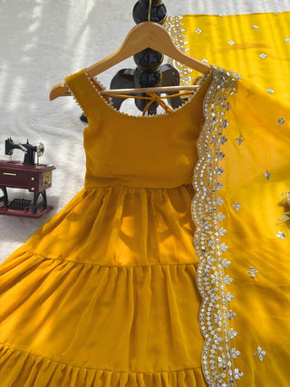 Yellow Designer Faux Georgette Anarkali Suit with Full Flair & Lace Border Dupatta –Stitched ClothsVilla