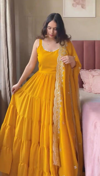 Yellow Designer Faux Georgette Anarkali Suit with Full Flair & Lace Border Dupatta –Stitched ClothsVilla