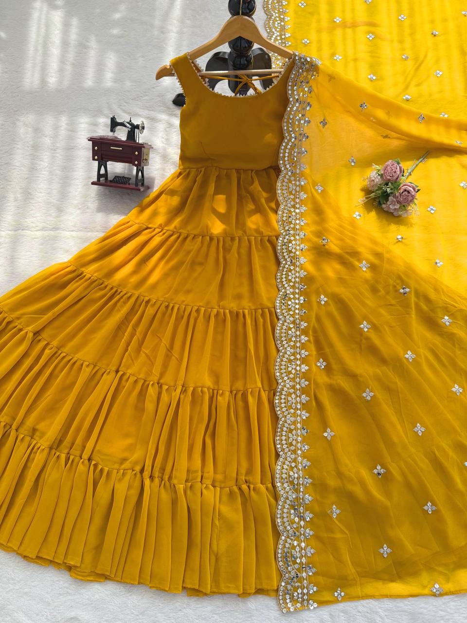 Yellow Designer Faux Georgette Anarkali Suit with Full Flair & Lace Border Dupatta –Stitched ClothsVilla
