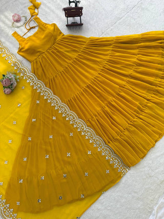 Yellow Designer Faux Georgette Anarkali Suit with Full Flair & Lace Border Dupatta –Stitched ClothsVilla