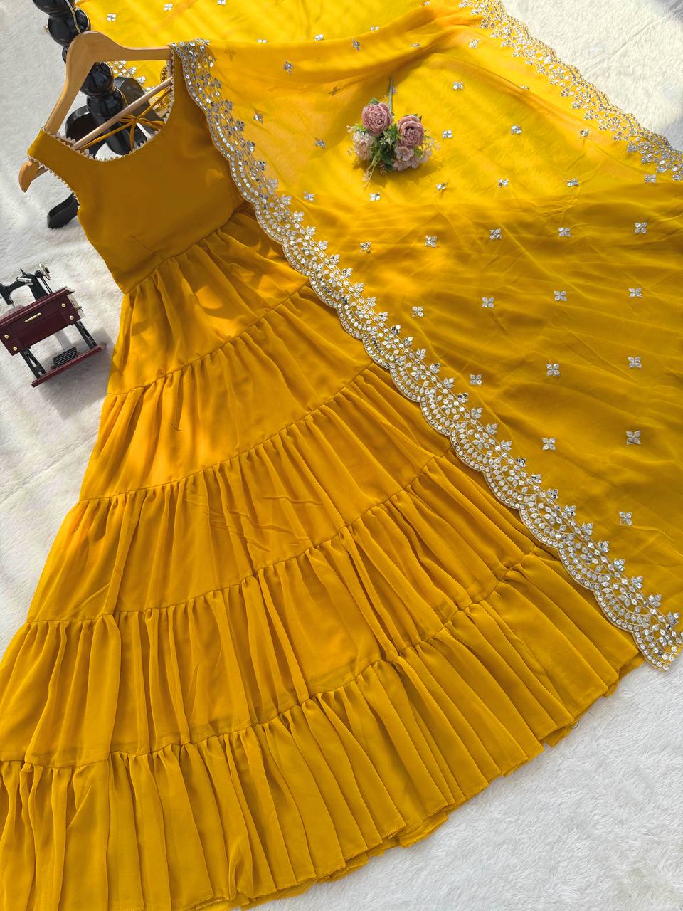 Yellow Designer Faux Georgette Anarkali Suit with Full Flair & Lace Border Dupatta –Stitched ClothsVilla