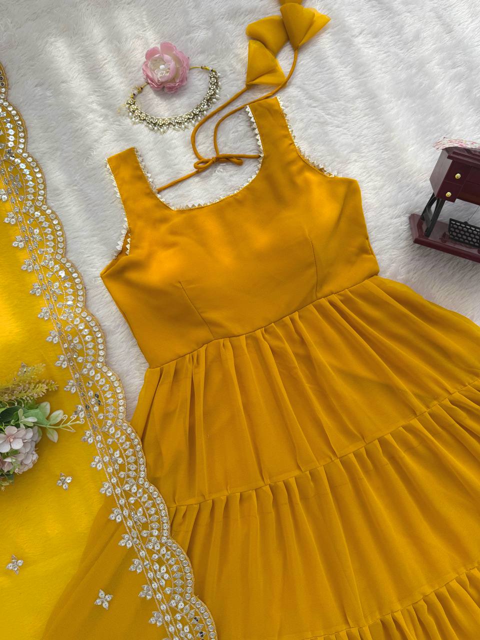 Yellow Designer Faux Georgette Anarkali Suit with Full Flair & Lace Border Dupatta –Stitched ClothsVilla