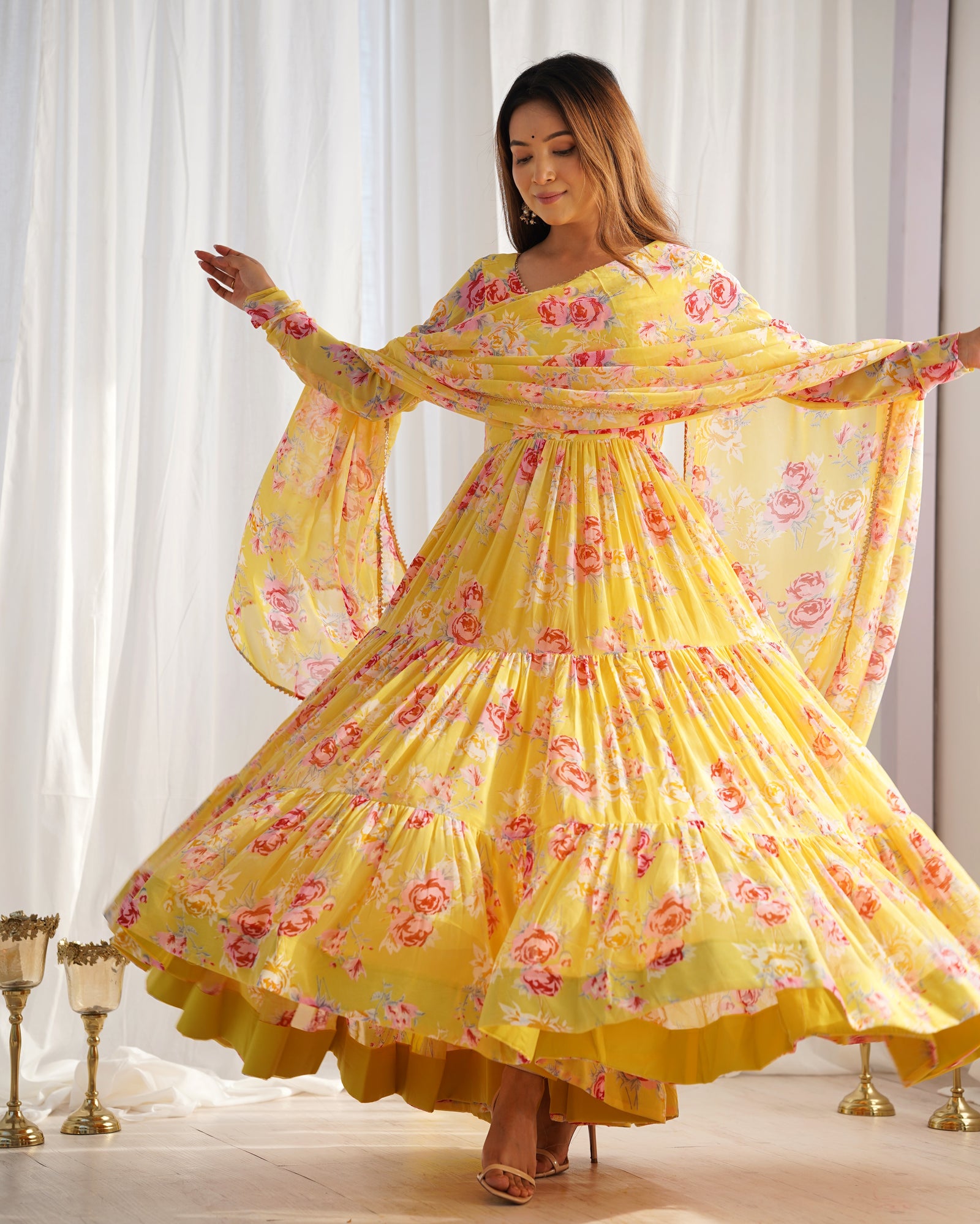 Yellow Designer Floral Print Anarkali Set with Dupatta & Pant Ready-to-Wear Festive & Wedding Outfit
