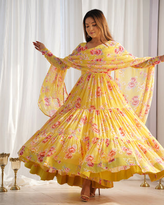 Yellow Designer Floral Print Anarkali Set with Dupatta & Pant Ready-to-Wear Festive & Wedding Outfit