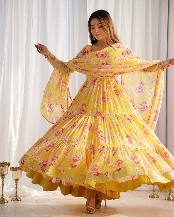 Yellow Designer Floral Print Anarkali Set with Dupatta & Pant Ready-to-Wear Festive & Wedding Outfit