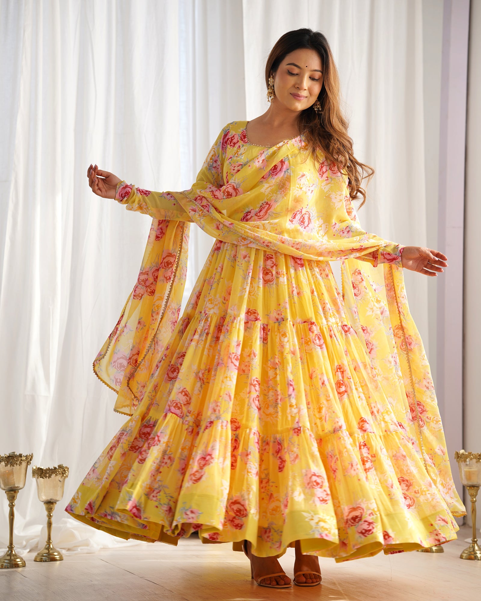 Yellow Designer Floral Print Anarkali Set with Dupatta & Pant Ready-to-Wear Festive & Wedding Outfit
