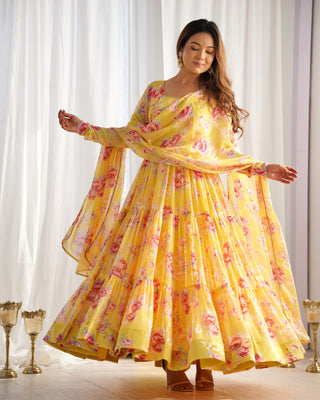 Yellow Designer Floral Print Anarkali Set with Dupatta & Pant Ready-to-Wear Festive & Wedding Outfit