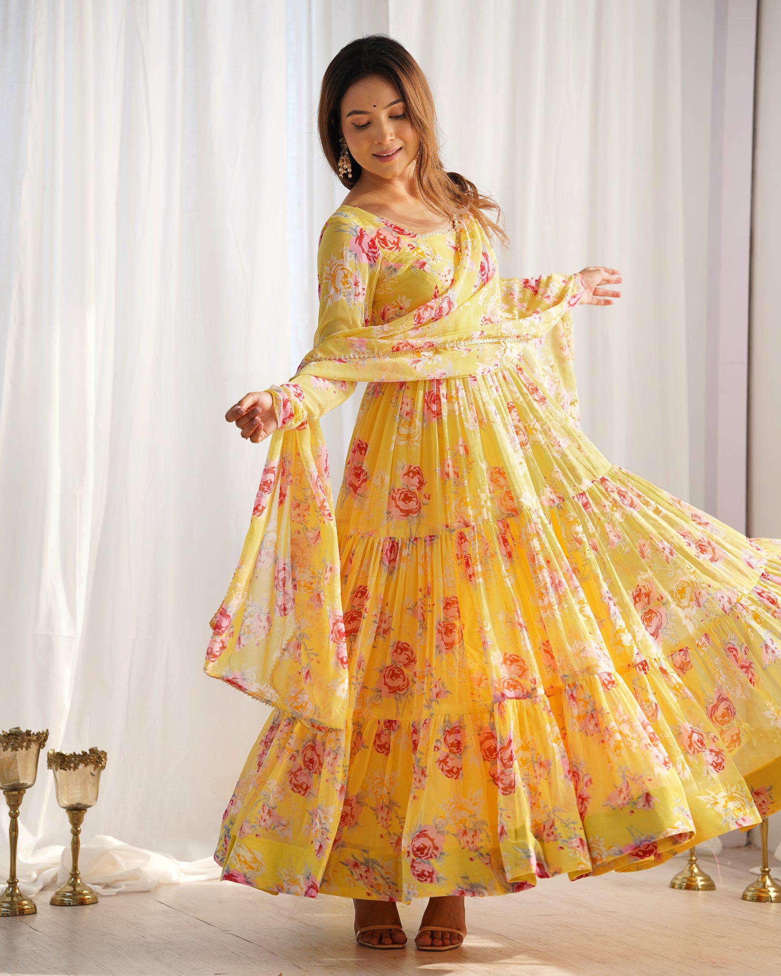 Yellow Designer Floral Print Anarkali Set with Dupatta & Pant Ready-to-Wear Festive & Wedding Outfit