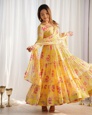 Yellow Designer Floral Print Anarkali Set with Dupatta & Pant Ready-to-Wear Festive & Wedding Outfit