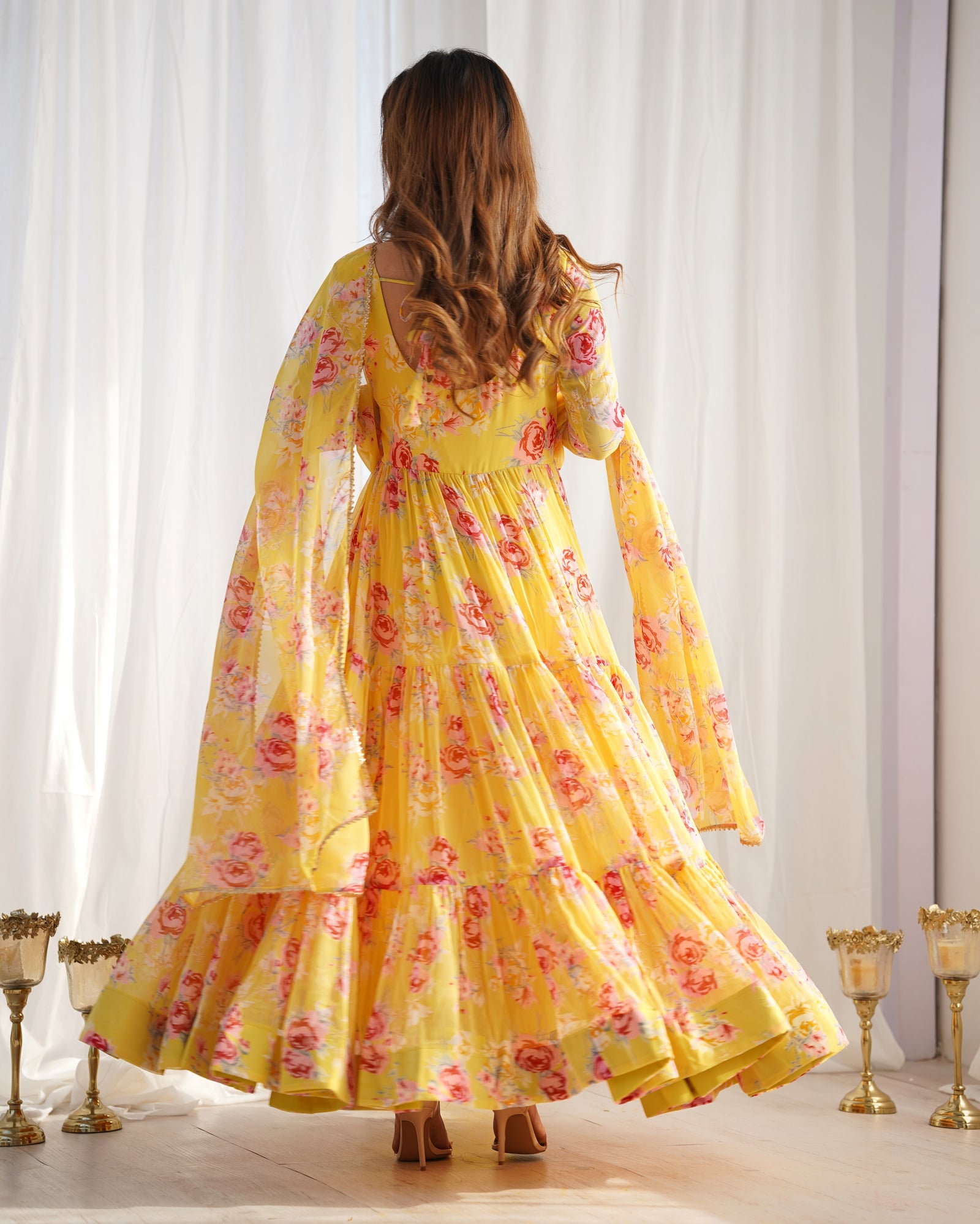 Yellow Designer Floral Print Anarkali Set with Dupatta & Pant Ready-to-Wear Festive & Wedding Outfit
