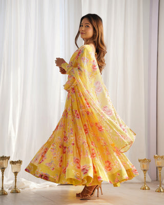 Yellow Designer Floral Print Anarkali Set with Dupatta & Pant Ready-to-Wear Festive & Wedding Outfit