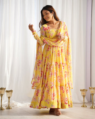 Yellow Designer Floral Print Anarkali Set with Dupatta & Pant Ready-to-Wear Festive & Wedding Outfit