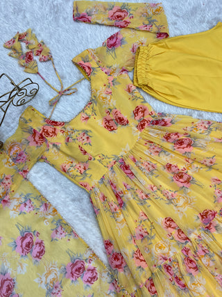 Yellow Designer Floral Print Anarkali Set with Dupatta & Pant Ready-to-Wear Festive & Wedding Outfit