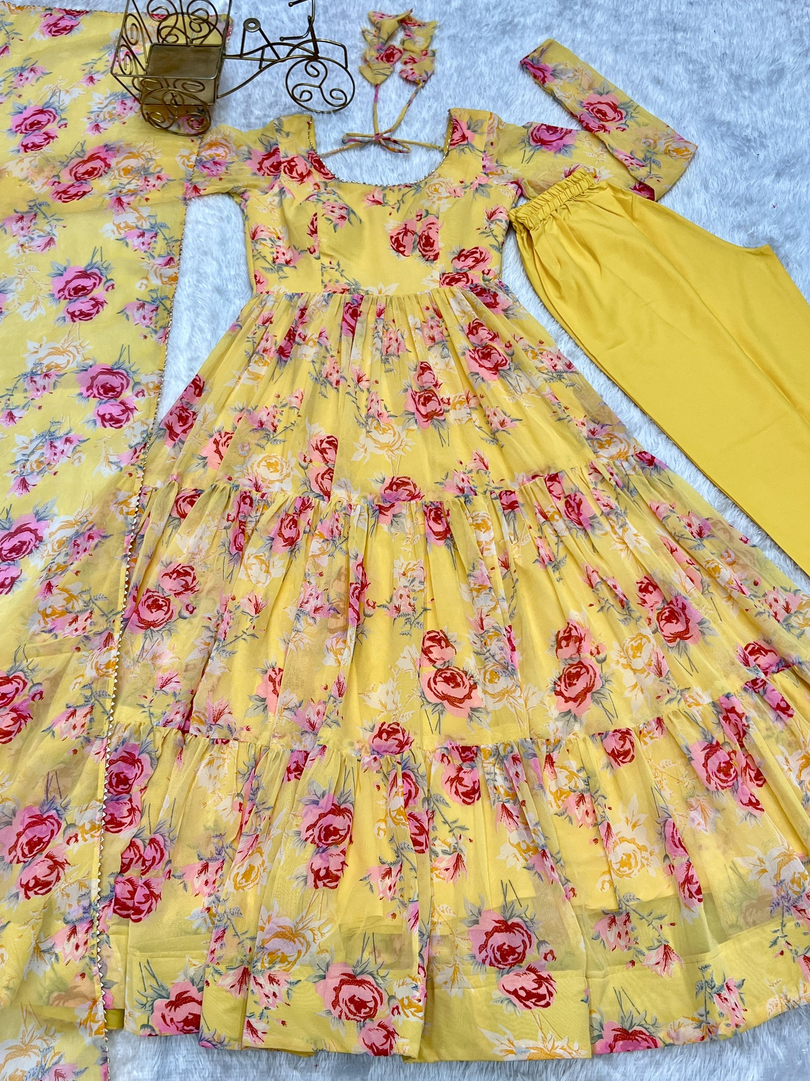Yellow Designer Floral Print Anarkali Set with Dupatta & Pant Ready-to-Wear Festive & Wedding Outfit