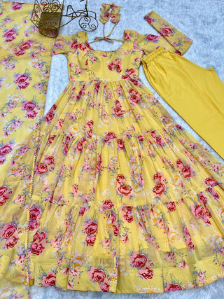 Yellow Designer Floral Print Anarkali Set with Dupatta & Pant Ready-to-Wear Festive & Wedding Outfit