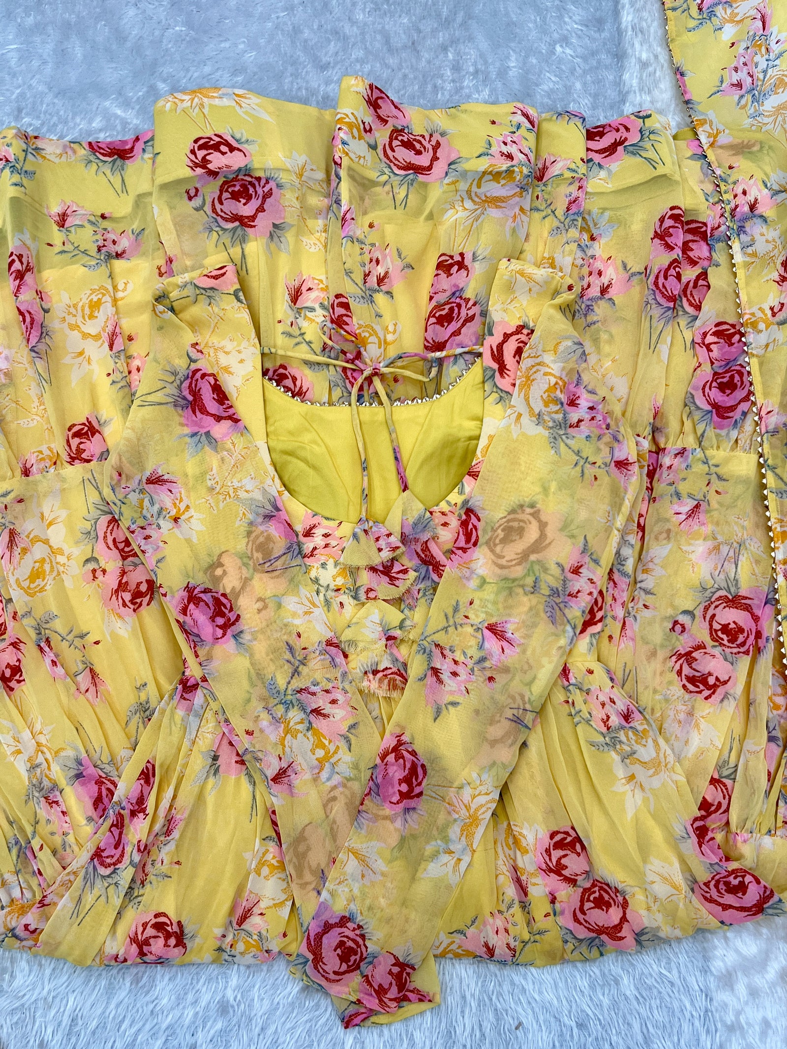 Yellow Designer Floral Print Anarkali Set with Dupatta & Pant Ready-to-Wear Festive & Wedding Outfit