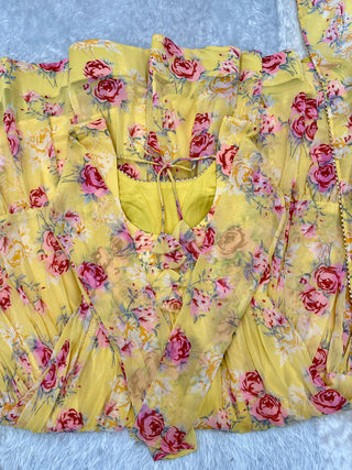Yellow Designer Floral Print Anarkali Set with Dupatta & Pant Ready-to-Wear Festive & Wedding Outfit