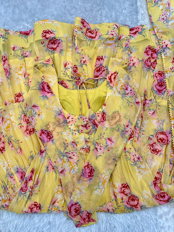 Yellow Designer Floral Print Anarkali Set with Dupatta & Pant Ready-to-Wear Festive & Wedding Outfit