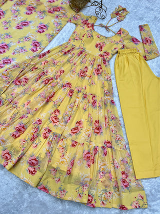 Yellow Designer Floral Print Anarkali Set with Dupatta & Pant Ready-to-Wear Festive & Wedding Outfit