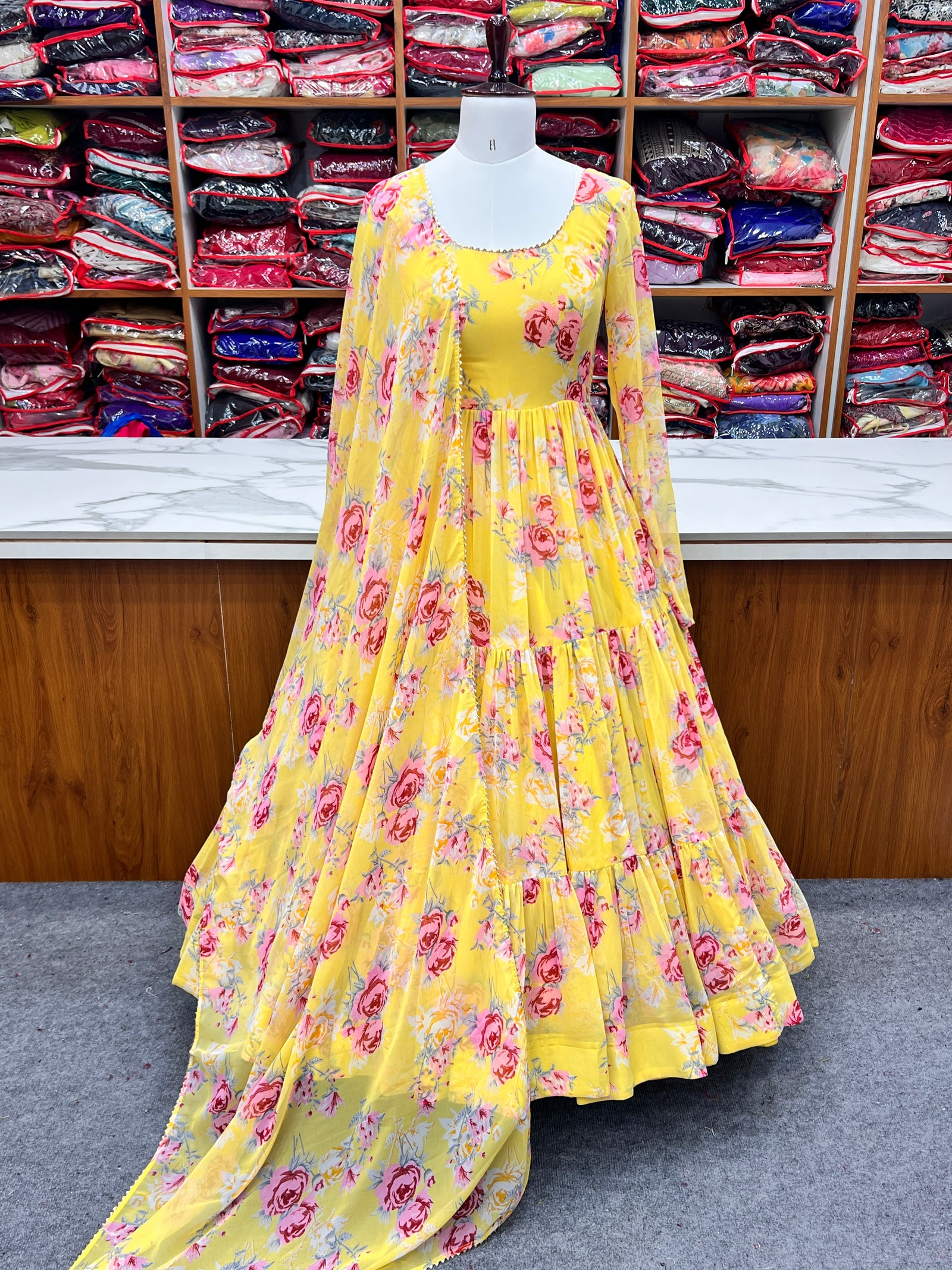 Yellow Designer Floral Print Anarkali Set with Dupatta & Pant Ready-to-Wear Festive & Wedding Outfit