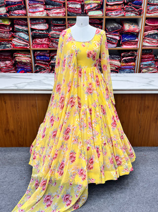 Yellow Designer Floral Print Anarkali Set with Dupatta & Pant Ready-to-Wear Festive & Wedding Outfit