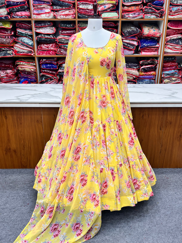 Yellow Designer Floral Print Anarkali Set with Dupatta & Pant Ready-to-Wear Festive & Wedding Outfit